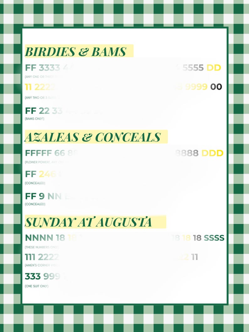 May include: A white background with a green and white checkered border. The image features text in a variety of fonts and colors, including "BIRDIES & BAMS", "AZALEAS & CONCEALS", and "SUNDAY AT AUGUSTA", along with numerical codes.