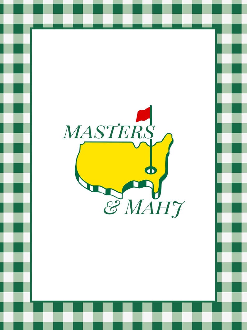 May include: A white card with a green and white checkered border. The card features the words "MASTERS & MAHJ" in a dark green font, with a yellow outline of the state of Georgia and a red flag.
