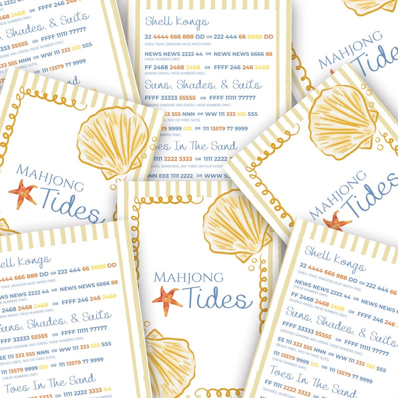 Puede incluir: Una colecci&oacute;n de tarjetas de puntuaci&oacute;n Mahjong Tides con fondo blanco y rayas verticales amarillas. Cada tarjeta muestra una ilustraci&oacute;n de concha dorada, una peque&ntilde;a estrella de mar naranja y el texto azul Mahjong Tides, seguido de listas de combinaciones de juego como Shell Kongs, Suns, Shades, & Suits y Toes In The Sand.