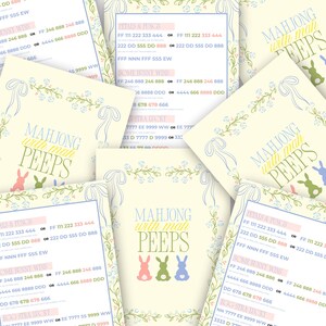 May include: A collection of cream-colored cards with the text "Mahjong with mah PEEPS" and bunny graphics in pink, green, and blue. The cards have floral and ribbon borders, with game instructions.