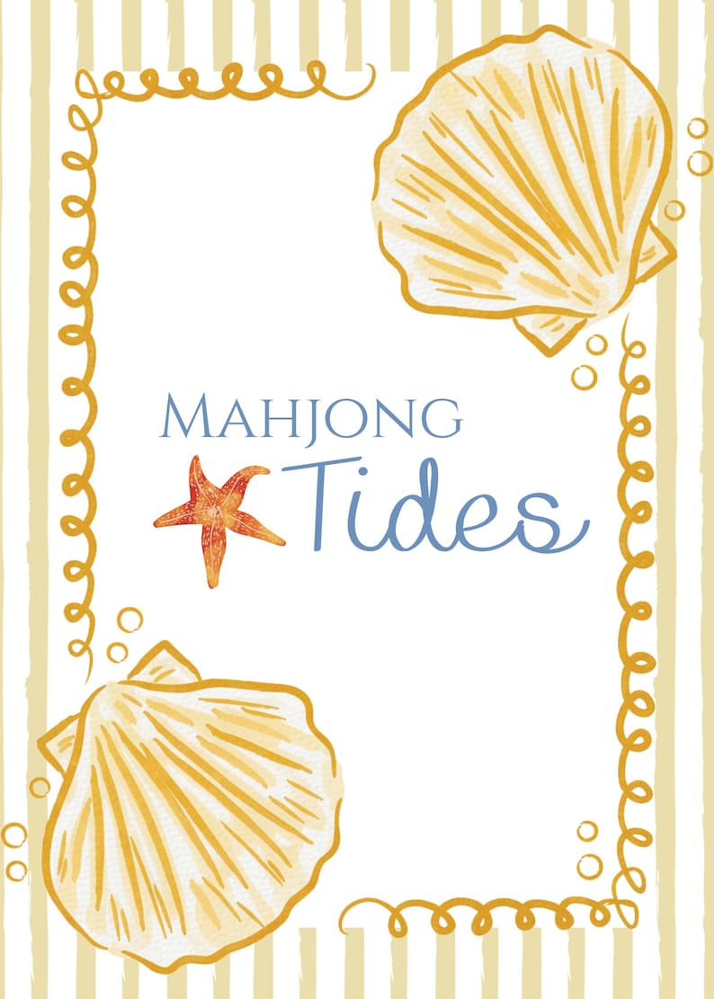 Puede incluir: Un gr&aacute;fico rectangular con el texto Mahjong Tides en azul, acentuado por una estrella de mar roja y dos conchas marinas amarillas. El dise&ntilde;o est&aacute; enmarcado por un borde de rayas amarillas y blancas con un patr&oacute;n de l&iacute;neas doradas.