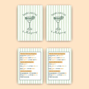 May include: Four cards with a light green and white striped background. The top two cards read "MARGARITAS & Mahjong" with a margarita illustration. The bottom two cards read "TACOS, TILES, & TEQUILA" with additional text.