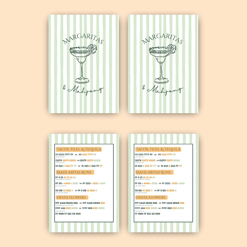 May include: Four cards with a light green and white striped background. The top two cards read "MARGARITAS & Mahjong" with a margarita illustration. The bottom two cards read "TACOS, TILES, & TEQUILA" with additional text.
