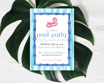 Invito per festa in piscina / Invito per festa in piscina con fenicotteri / Invito per festa in piscina estiva / Invito modificabile Canva / Invito per festa in piscina