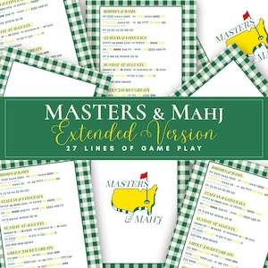 Puede incluir: Un diseño a cuadros verdes y blancos con el texto "MASTERS & MAHJ Extended Version" y "27 LINES OF GAME PLAY". La imagen incluye un logotipo con un mapa de campo de golf y las palabras "MASTERS & MAHJ".