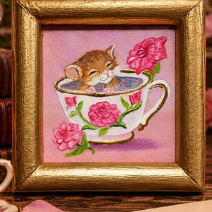 Mouse in Rose Teacup – Original Miniature Painting – Tiny Cup Friends Collection – Gold Framed Art