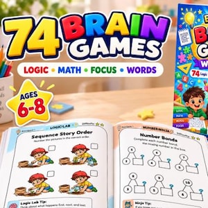 May include: A BrainSpark Brain Games workbook for ages 6-8 featuring logic, math, focus, and word challenges. The cover shows three children and a pink brain character. An open book displays pages with sequence story order and number bond exercises.