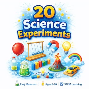 May include: A colorful illustration promoting science experiments for kids. The image features the text "20 Science Experiments" with various science-related illustrations, including a volcano, rainbow, and a yellow car. The text also includes "Easy Materials", "Ages 6-10", and "STEM Learning".