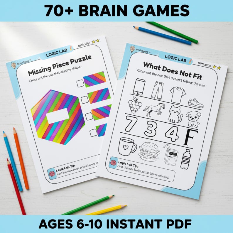 Brain Games Kids Printable Workbook, Ages 6-10 | 70 Logic Puzzles Math