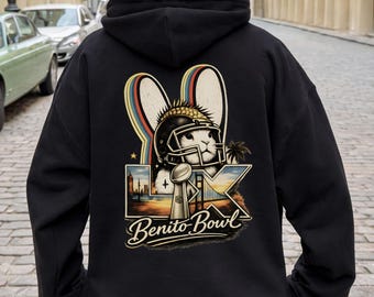 Unisex Benito Bowl 2026  Hoodie, Bunny Football Graphic Jacket, Here for the Benito Bowl, Retro Game Day Outfit, Bunny Bowl Sweatshirt