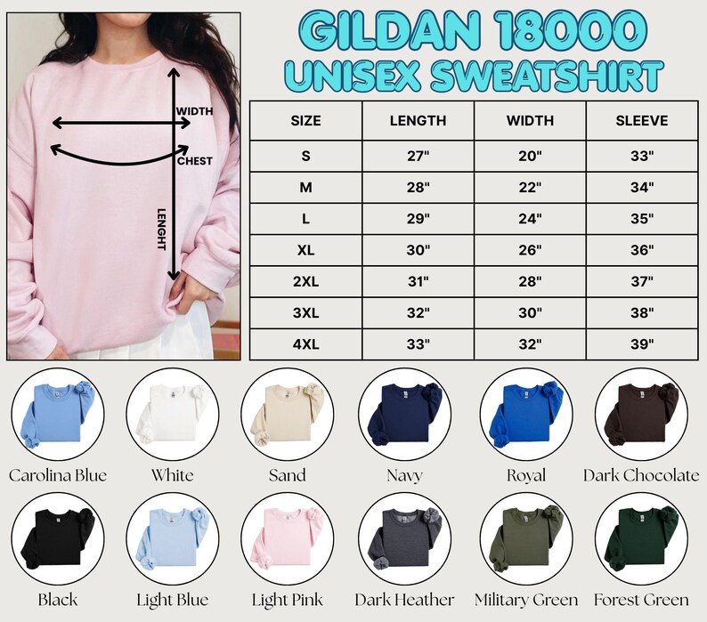 Puede incluir: Una sudadera unisex Gildan 18000 rosa claro. La imagen incluye una tabla de tallas con medidas en pulgadas y una paleta de colores con Azul Carolina, Blanco, Arena, Marino, Real y Chocolate Oscuro. Colores adicionales incluyen Negro, Azul Claro, Rosa Claro, Gris Oscuro, Verde Militar y Verde Bosque.