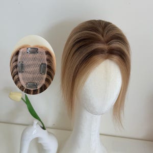 Extensiones de cabello con base de seda y balayage marrón claro, 8 x 12 cm, color natural (12 pulgadas).