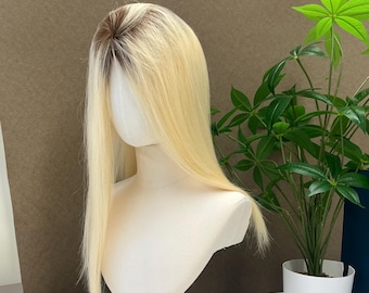 Hand Tied Mono Base Human Hair Topper, Black Platinum Ombre Straight Hair Piece 14-16 Inch