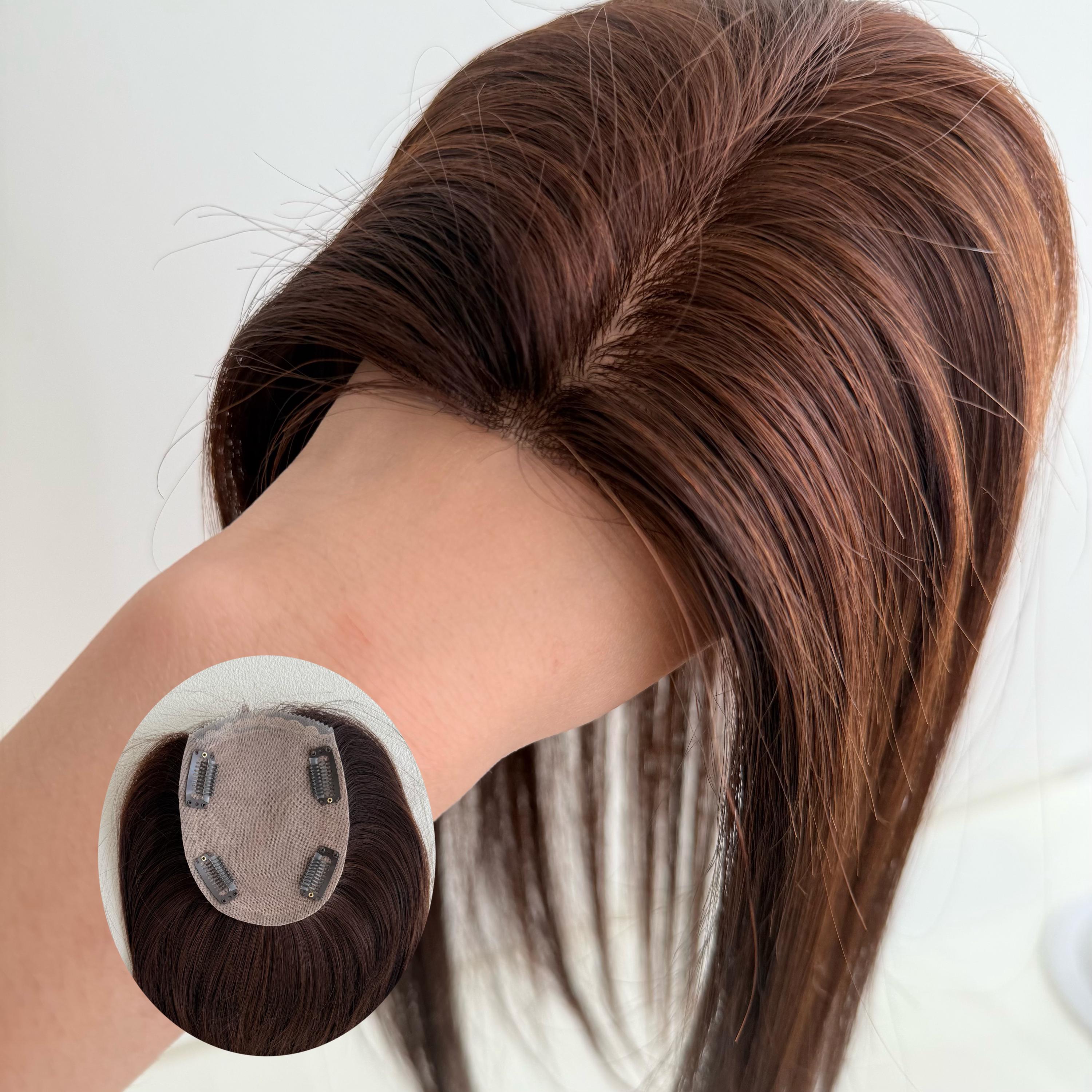 Human Hair Silk Base Topper 130% Density Clip-in Crown Hairpiece 14\