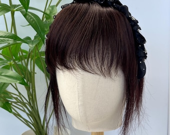 Diadema con flequillo y diamantes de imitación de 8 a 10 pulgadas, cabello Remy negro y marrón.