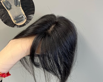 Frangia/Topper da 10 pollici, capelli Remy trattati, neri naturali, castano scuro.