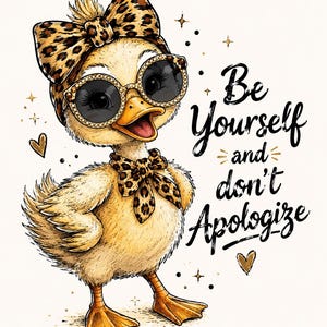 Può includere: Un'illustrazione di un anatroccolo giallo con accessori leopardati, tra cui un grande fiocco sulla testa, un fiocco al collo e occhiali da sole rotondi con montatura decorata. Il testo recita Be Yourself and don't Apologize, con piccoli cuori dorati.