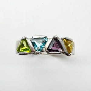 Sterling Silver Colorful Triangular Multi-Gemstone Ring With Amethyst, Topaz, Citrine, & Peridot - Size 8.5