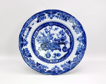 Raro plato antiguo de ensalada/postre de porcelana Ironstone Flow Blue Chusan Chinoiserie de mediados del siglo XIX de F. Morley & Co. - 8”