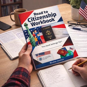 Peut inclure: Un manuel intitulé "Road to Citizenship" avec un passeport et des drapeaux américains. La couverture présente la Statue de la Liberté et une illustration familiale. Le livre est ouvert, avec une personne qui écrit dans un cahier.