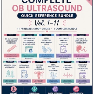 Könnte beinhalten: Ein digitales Lernpaket mit dem Titel Complete OB Ultrasound Quick Reference Bundle Vol. 1-11. Es enthält elf druckbare Leitfäden zu Themen wie fetale Messungen, anatomische Untersuchungen und Doppler-Grundlagen für das Studium.