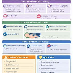 Könnte beinhalten: Eine OB-Ultraschall-Messreferenztabelle mit Informationen zu Messungen im ersten, zweiten und dritten Trimester. Enthält Details zu Fruchtblase, Dottersack, fetaler Herzfrequenz und mehr. Die Tabelle ist in Blau-, Grün- und Rosatönen gehalten.
