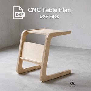 May include: A light-colored wooden side table with a unique, curved design. The table has a rectangular top and a lower shelf. The text "CNC Table Plan DXF Files" is displayed in the upper left corner.