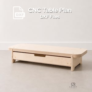 Pode incluir: Uma mesa de madeira de cor clara com perfil baixo e uma gaveta única com um puxador recortado. O texto CNC Table Plan DXF Files é exibido acima da mesa, e um logótipo com as letras CR e o texto CRART PLANS está no canto inferior.