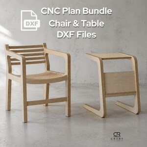 May include: A light-colored wooden chair with armrests and a matching side table. The chair has a slatted back and curved seat. The side table has a unique, modern design. Text on the image reads "CNC Plan Bundle Chair & Table DXF Files."