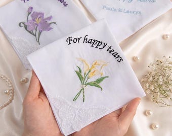Mouchoir de mariage brodé, mouchoir de poche pour la mariée Happy Tears personnalisé, cadeau de fleur personnalisé pour la mariée, mouchoir souvenir émouvant d'une journée