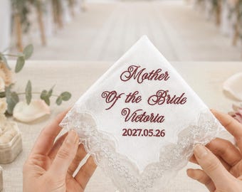 Mouchoirs de mariage brodés personnalisés, cadeau pour la mère de la mariée, cadeaux de mariage pour parents, mouchoir souvenir de mariage