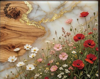 FAUX Floral Resin & Wood Tempered Glass Cutting Board, Charcuterie Board, Wedding Engagement Gift, Housewarming New Home Gift