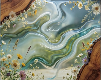 Personalisierte gehärtetes Glas Schneidebrett, Wildblumen Holzkante Design, Housewarming Hochzeitsgeschenk