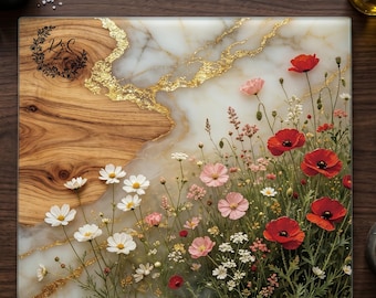 FAUX Floral Resin & Wood Tempered Glass Cutting Board, Charcuterie Board, Wedding Engagement Gift, Housewarming New Home Gift