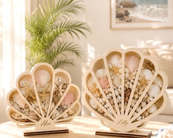 Muschel-Meerglas-Schaukasten, Küstendekor Schattenbox, Strandschatzhalter, Ozean-Liebhaber-Geschenk, Muschel-Schattenbox-Dekor, Küstenlinie