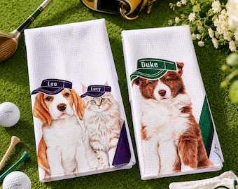 Serviette de golf personnalisée pour animal de compagnie avec photo d'animal de compagnie, cadeau pour amateur de golf, serviettes de golf personnalisées pour chien, serviettes de golf personnalisées pour chat, serviette de golf avec tête de chien
