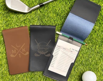 Porte-cartes de score de golf en cuir personnalisé, bûche de golf en cuir gravée rechargeable, porte-cartes de score en or gravé pour hommes personnalisé