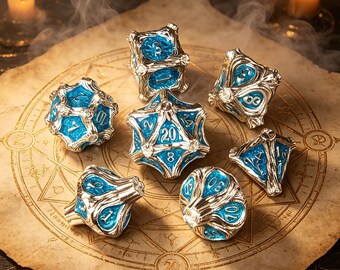 Blue DND Dice Set,Personalized Wooden Dice Box,DNd Gifts Engraved,Ornate Polyhedral Dice for TTRPG, Pathfinder, DM Gift
