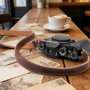 Könnte beinhalten: Eine schwarze Digitalkamera mit einem braunen Lederriemen, personalisiert mit dem Namen "Samuel Grayson". Der Riemen ist mit hellbraunem Faden genäht. Eine Tasse Kaffee und Postkarten liegen auf dem Holztisch.