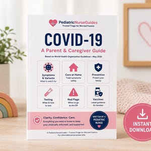以下が含まれることがあります： 「COVID-19: A Parent & Caregiver Guide」というタイトルの本で、ピンク色のハートのロゴが付いています。このガイドは、症状、在宅ケア、予防、検査、危険信号、ワクチンについて扱っています。ピンク色の「インスタントダウンロード」ボタンが表示されています。