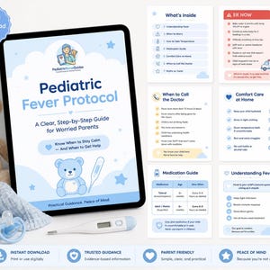 May include: A digital download titled "Pediatric Fever Protocol" displayed on a tablet. The guide includes information on fever, medication, and when to call the doctor. A teddy bear, pacifier, and thermometer are also in the image.