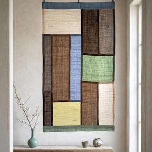 Handmade Linen Door Curtain, Geometric Patchwork Noren, Japandi Room Divider Tapestry