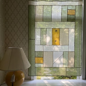 Cortina de puerta Spring Melody hecha a mano con retazos, tapiz de lino estilo zen japonés, decoración geométrica para sala de estar.