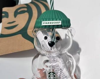 Starbucks 2025 - Gobelet en verre Bearista Bear avec paille et paille (édition Noël)