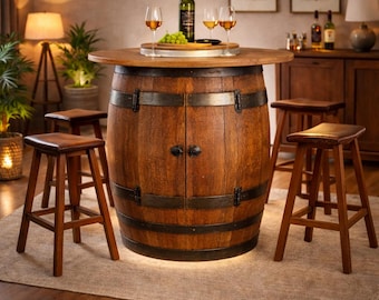 Conjunto de bistró de barril de roble: mesa redonda de barril de whisky con 4 sillas de madera