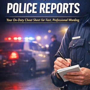 May include: A book cover with the title "QUICK PHRASES FOR POLICE REPORTS" in white and yellow text. The subtitle reads "Your On-Duty Cheat Sheet for Fast, Professional Wording." A police officer is writing in a notepad in front of a police car.