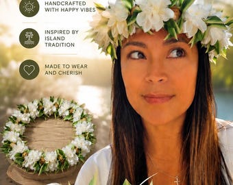 Island Garden Haku Lei | Handmade Ribbon Flower Crown, Tropical Bridal Headpiece