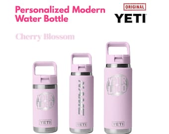 Botella Yeti 2.0 personalizada en color flor de cerezo. Botella Yeti con nombre grabado a láser y logotipo Yeti. Regalo de San Valentín.