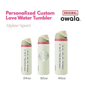 May include: Three personalised Owala water tumblers in sizes: 709ml, 946ml, and 1183ml. Each tumbler is off-white with a green and pink lid. The text "NAME" is displayed on two tumblers, and "YOUR LOGO" on another. The Owala logo is visible.