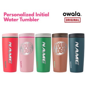 May include: A collection of five Owala water tumblers in various colors, including red, pink, green, brown, and teal. Each tumbler features a personalized design with the word "NAME" or "YOUR LOGO" in silver lettering. The text "Personalized Initial Water Tumbler" is displayed above.